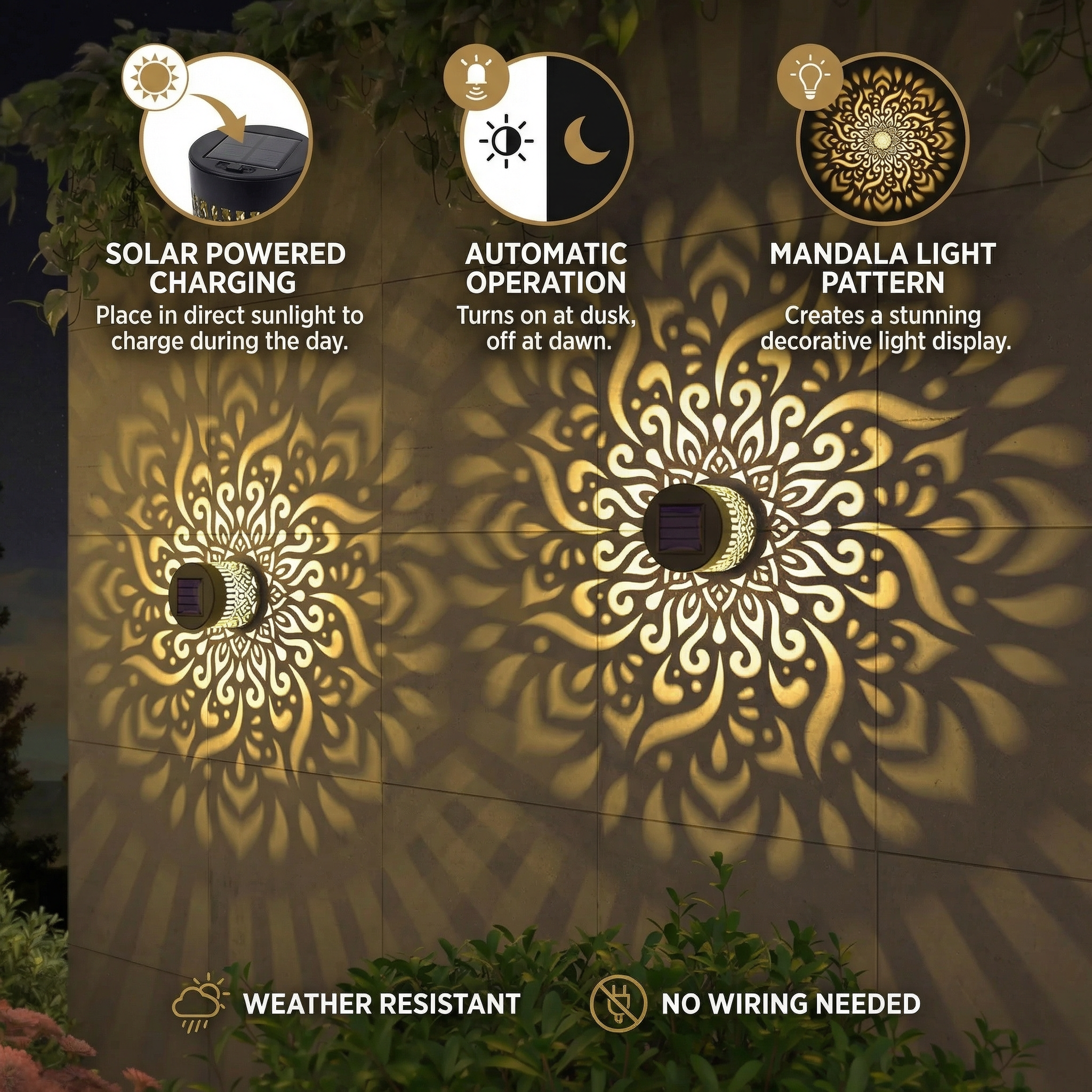 Solar Mandala Garden Light with Projection Patterns