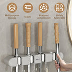 Wall Mount Broom Holder with 4 Clamps and 5 Hooks
