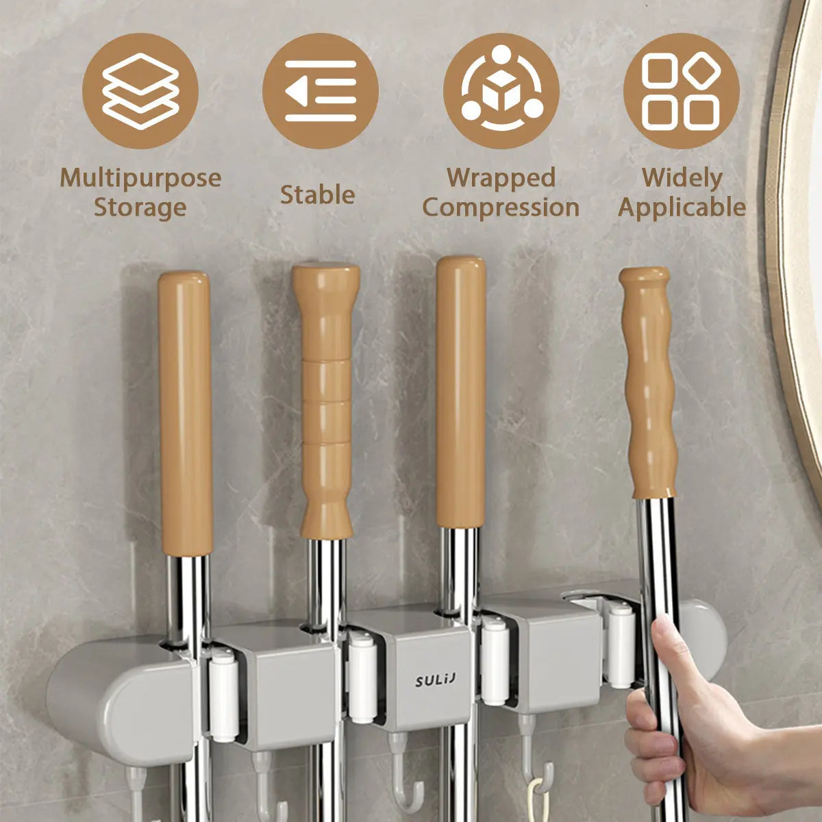 Wall Mount Broom Holder with 4 Clamps and 5 Hooks