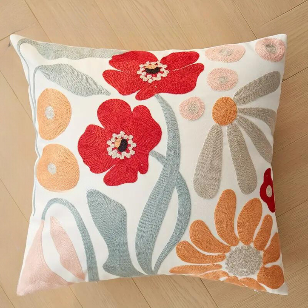 Embroidered Floral Pillow Cover – Nature-Inspired Design
