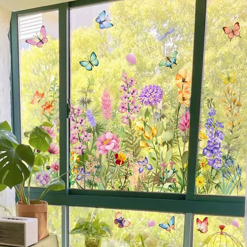 Window Sticker with Flower and Butterfly Motifs