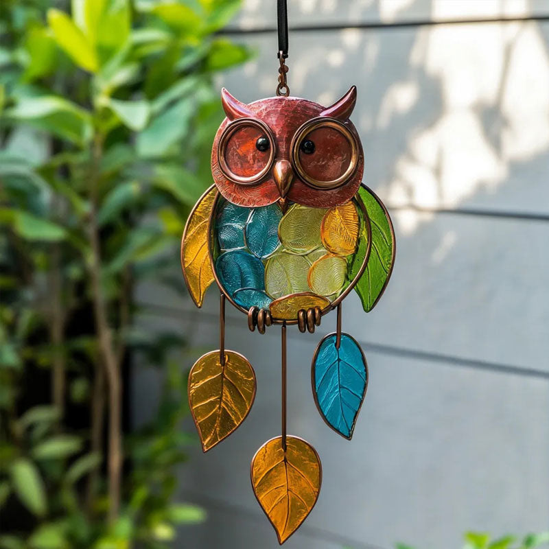 Decorative Owl Hanging Decoration with Colorful Leaf Pendants Copper Owl