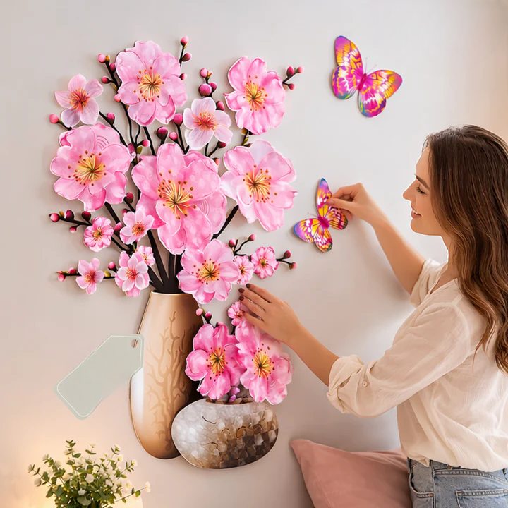 Flower Wall Stickers with Butterflies – Self-Adhesive Room Decoration Pink
