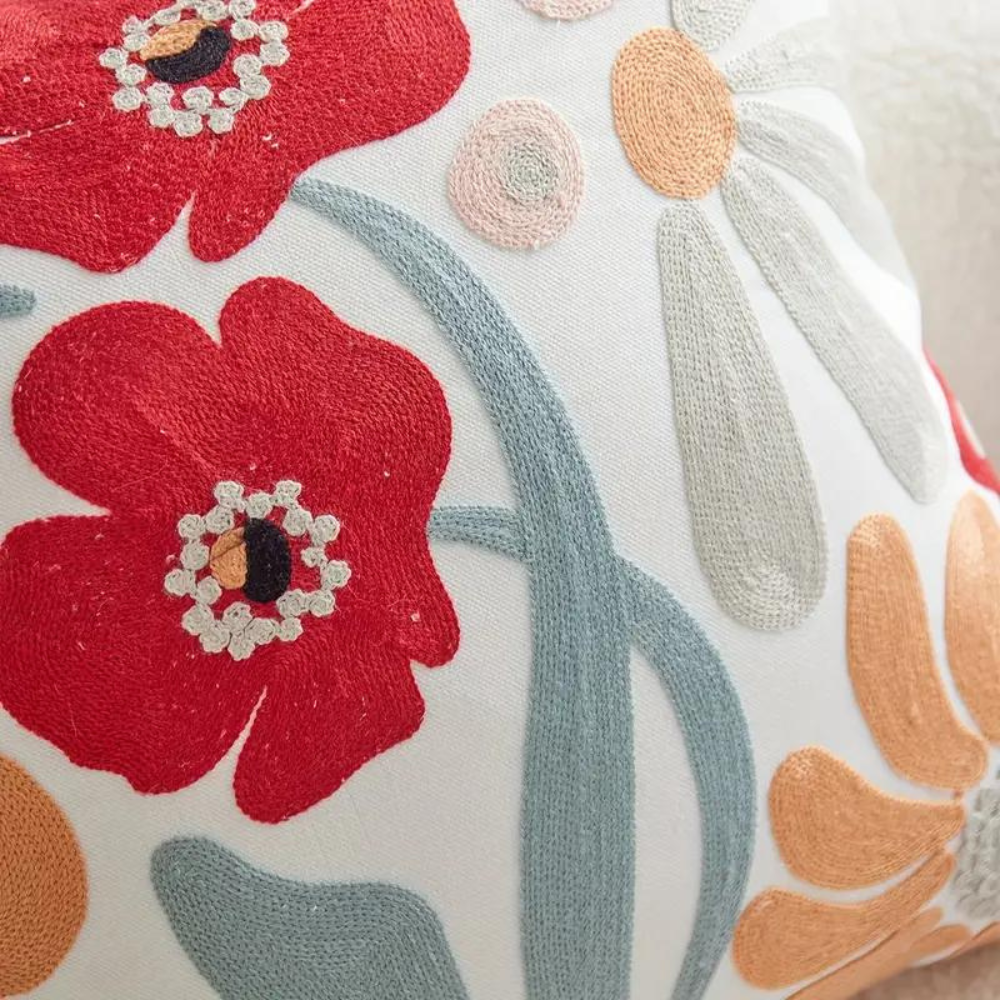 Embroidered Floral Pillow Cover – Nature-Inspired Design