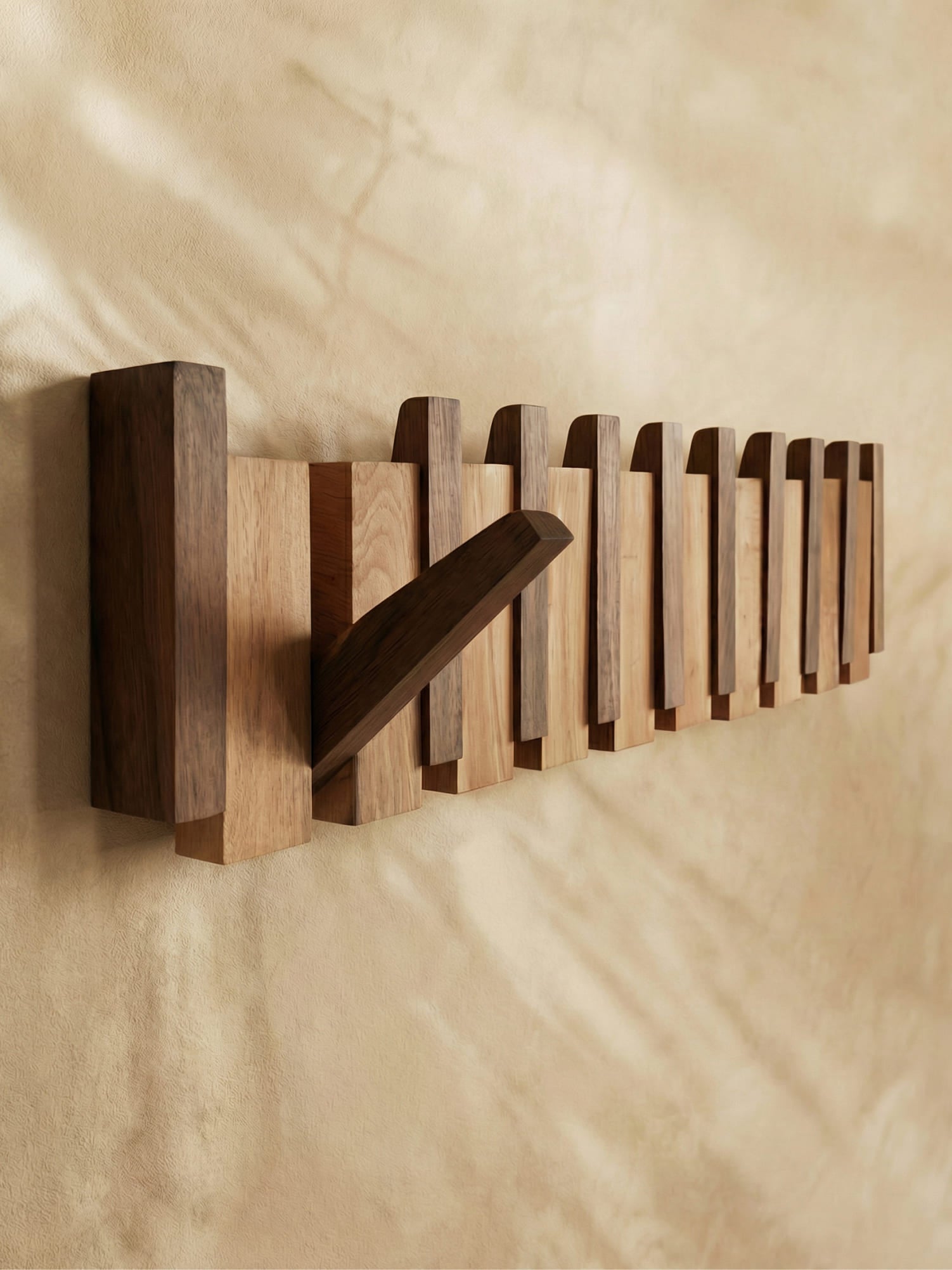 Piano-Style Wooden Wall Hook Rack with Multiple Pegs