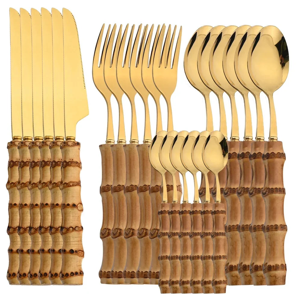 Bamboo Flatware Set with Wood Handles Gold