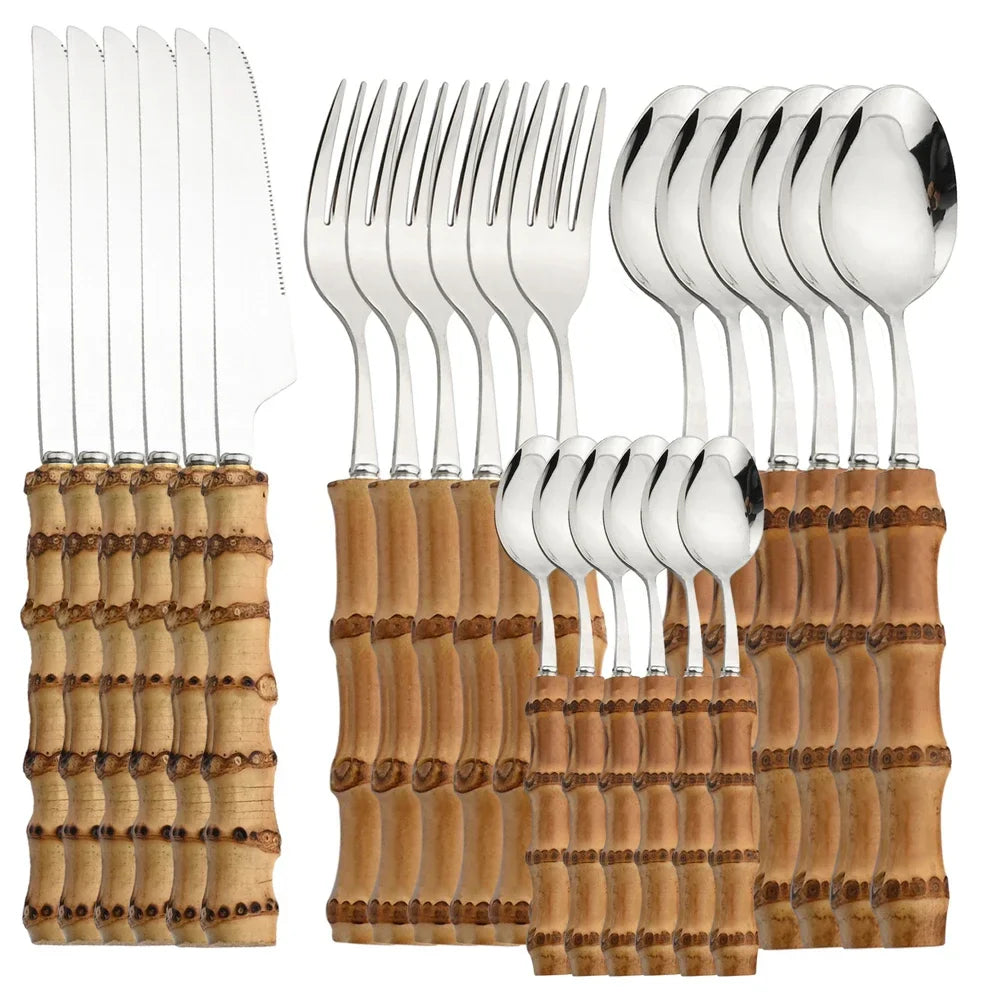 Bamboo Flatware Set with Wood Handles Silver