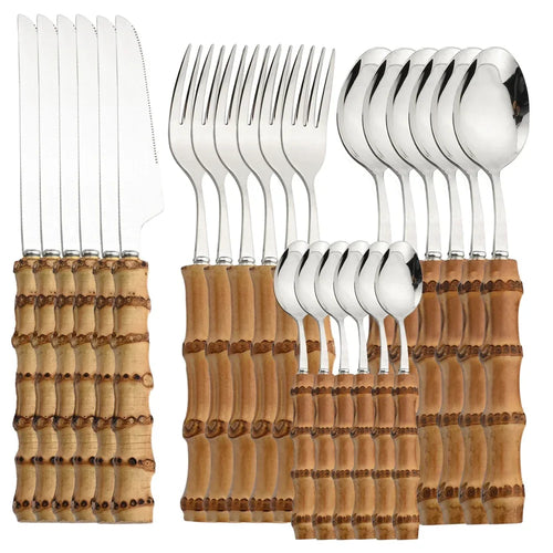 Bamboo Flatware Set with Wood Handles Silver