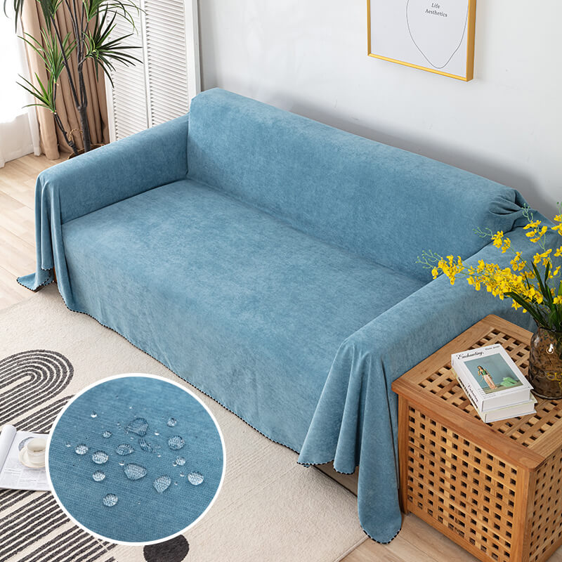 Waterproof Sofa Throw Cover with Jacquard Edge Light Blue