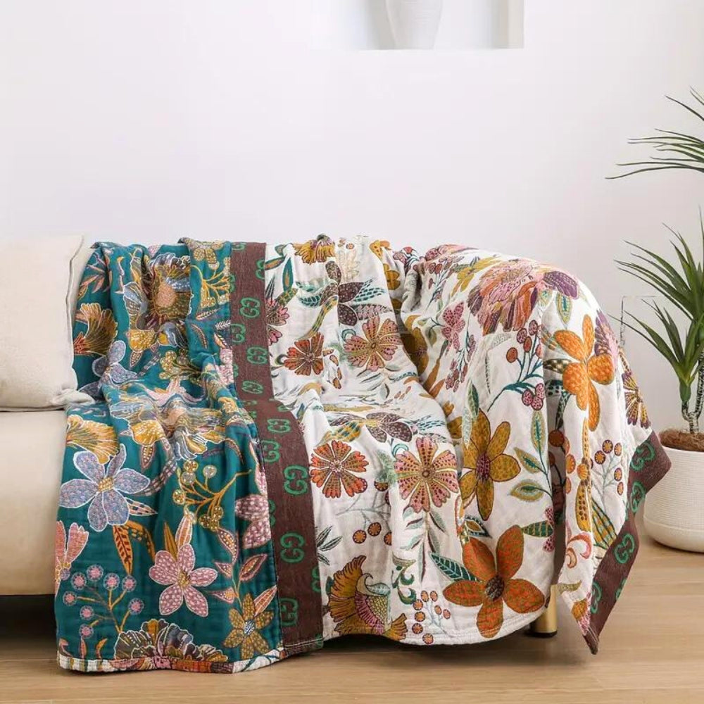 Reversible Floral Throw Blanket - Cotton with Vintage Pattern
