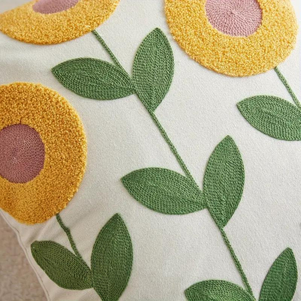 Embroidered Floral Pillow Cover – Nature-Inspired Design