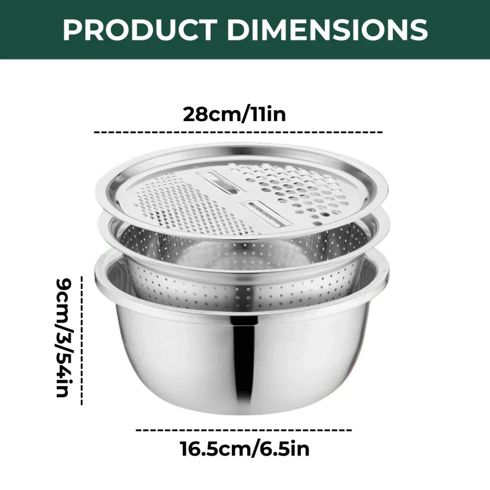 Stainless Steel Bowl with Grater and Strainer – 3 in 1