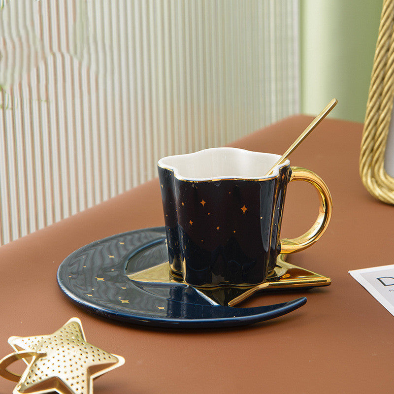 Ceramic Coffee Cup & Saucer with Star Moon Design Blue