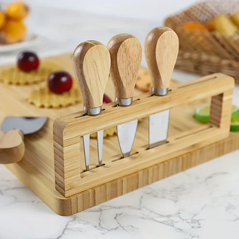 Wooden Cheese Board with Knife and Fork Set