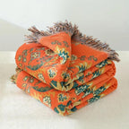 Reversible Cotton Throw Blanket with Botanical Print 91"x98"