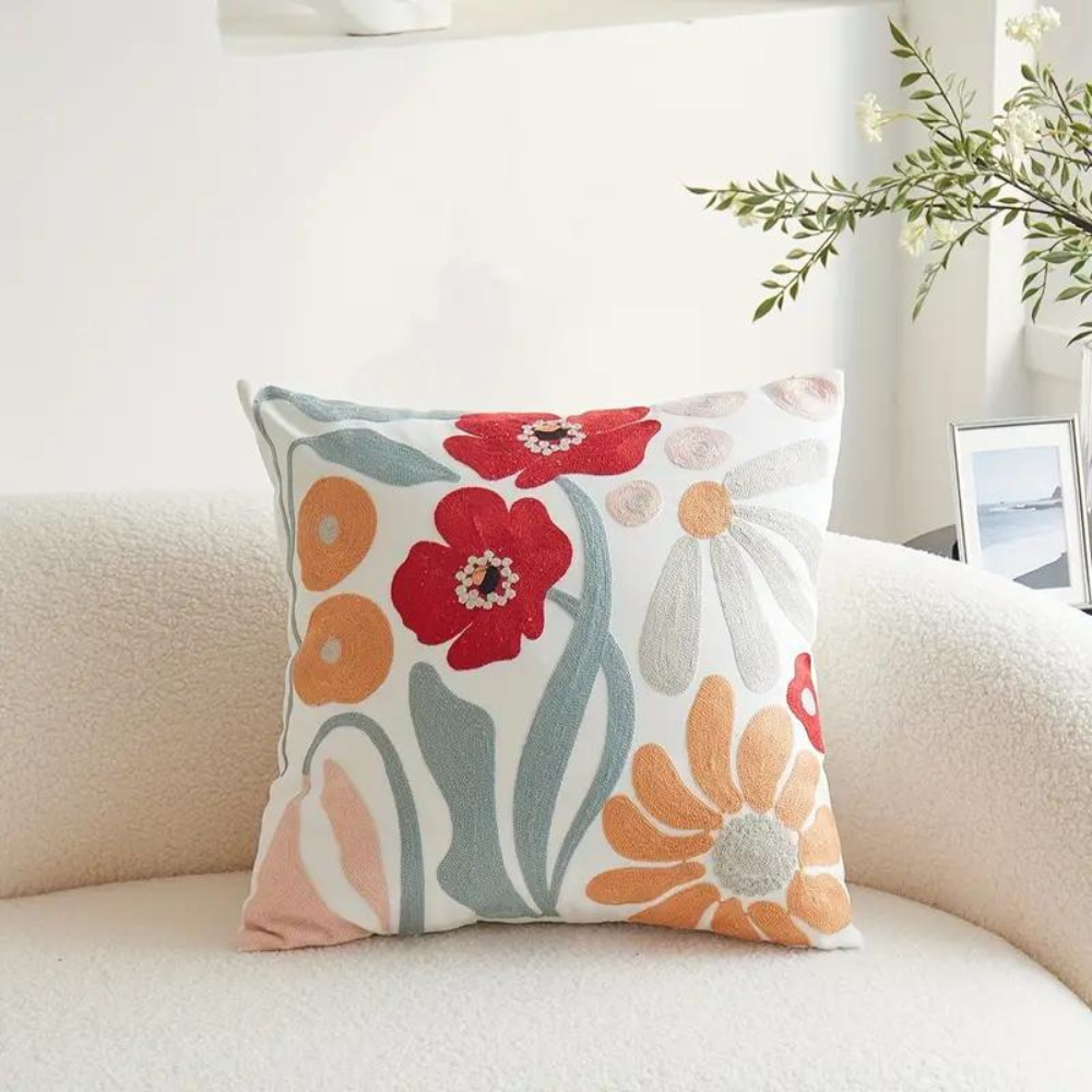 Embroidered Floral Pillow Cover – Nature-Inspired Design Red