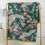 Japanese Crane Floral Bath Towel - Cotton Quick-Dry Design Dark Green & White 35.0 × 71.0 in