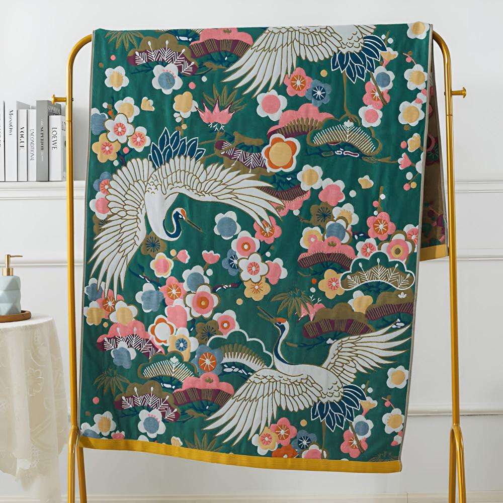 Japanese Crane Floral Bath Towel - Cotton Quick-Dry Design Dark Green & White 35.0 × 71.0 in