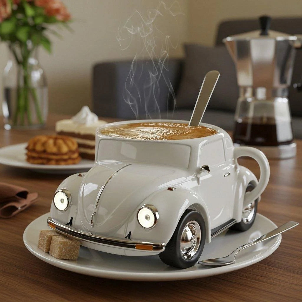 Vintage Car Ceramic Mug – 3D Auto Design Coffee Cup White