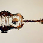 Guitar Metal Wall Art with Sunset Lake Scene