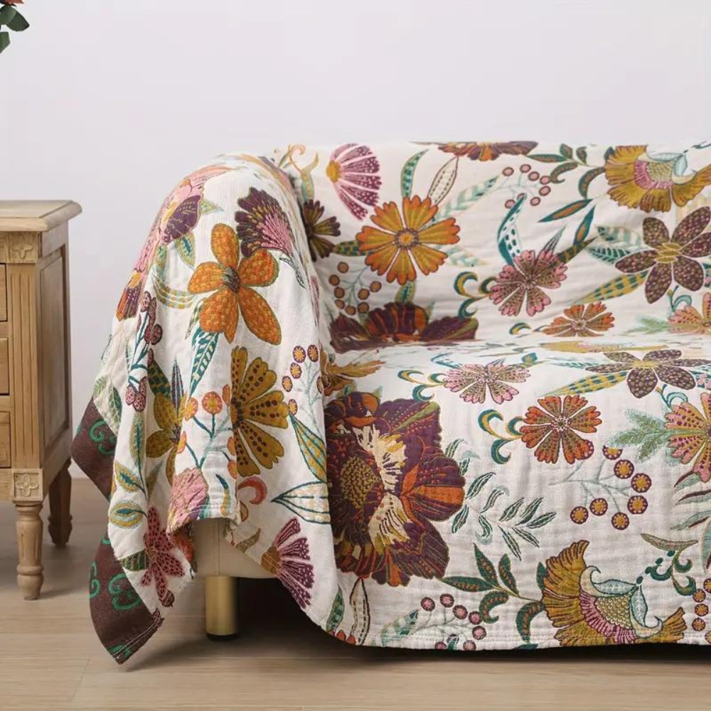 Reversible Floral Throw Blanket - Cotton with Vintage Pattern