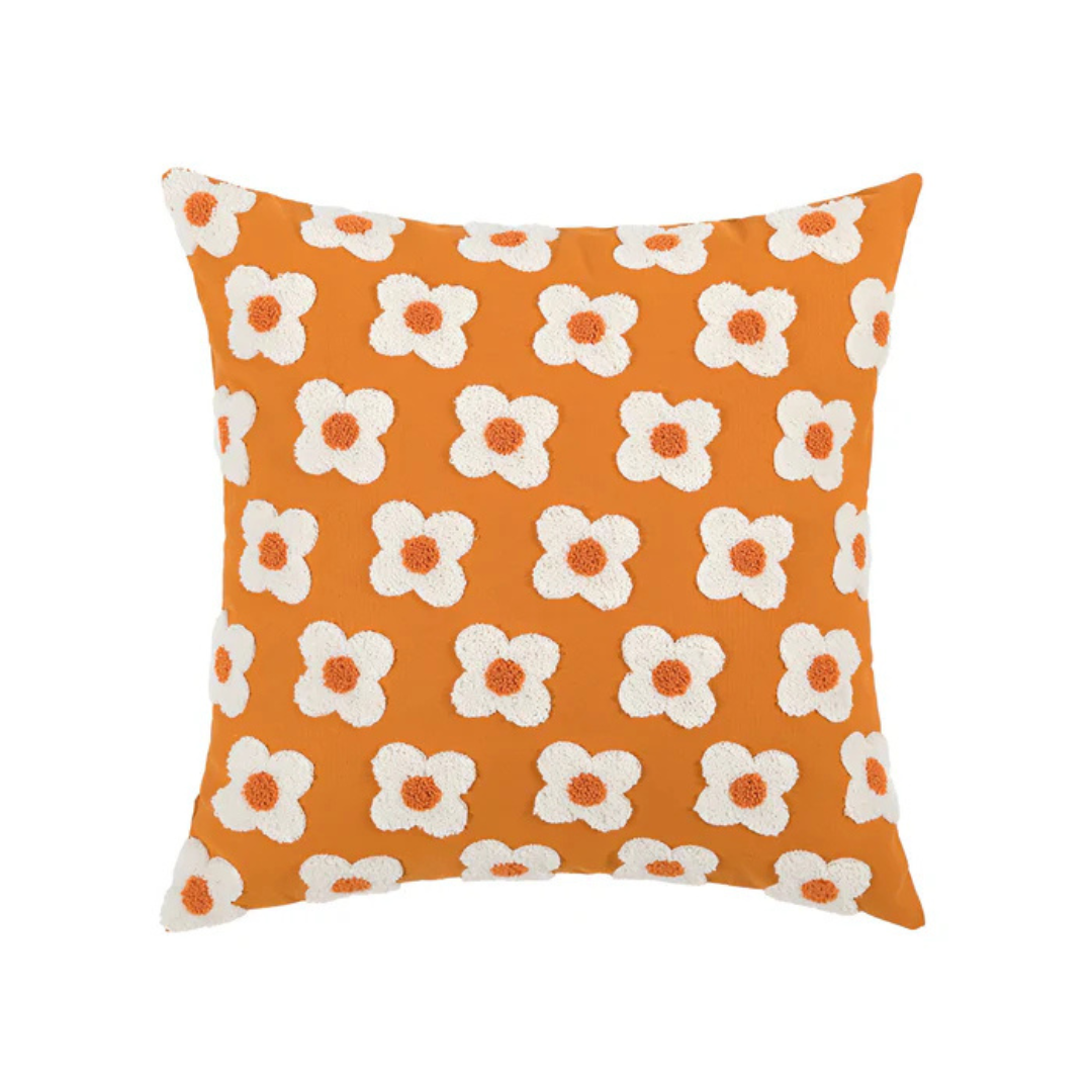 Floral Decorative Pillow Cover with Textured Embroidery Orange
