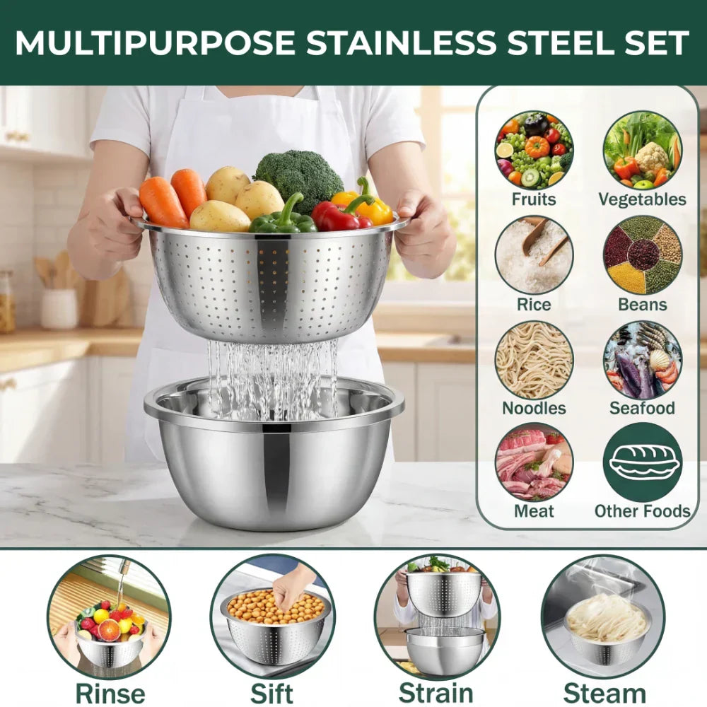 Stainless Steel Bowl with Grater and Strainer – 3 in 1
