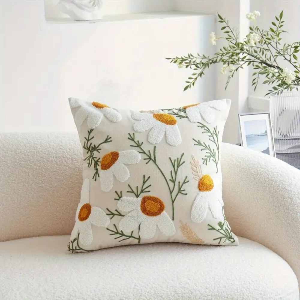 Embroidered Floral Pillow Cover – Nature-Inspired Design Beige