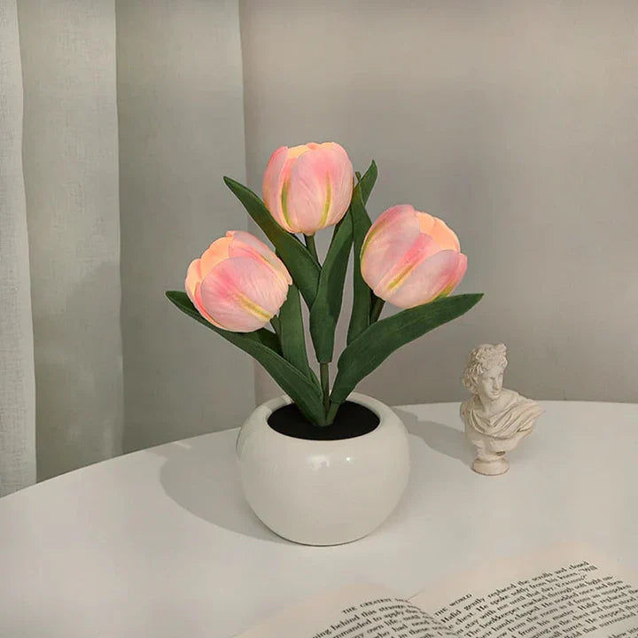 Tulip LED Table Lamp in Ceramic Pot – Warm Decorative Light Peach Powder