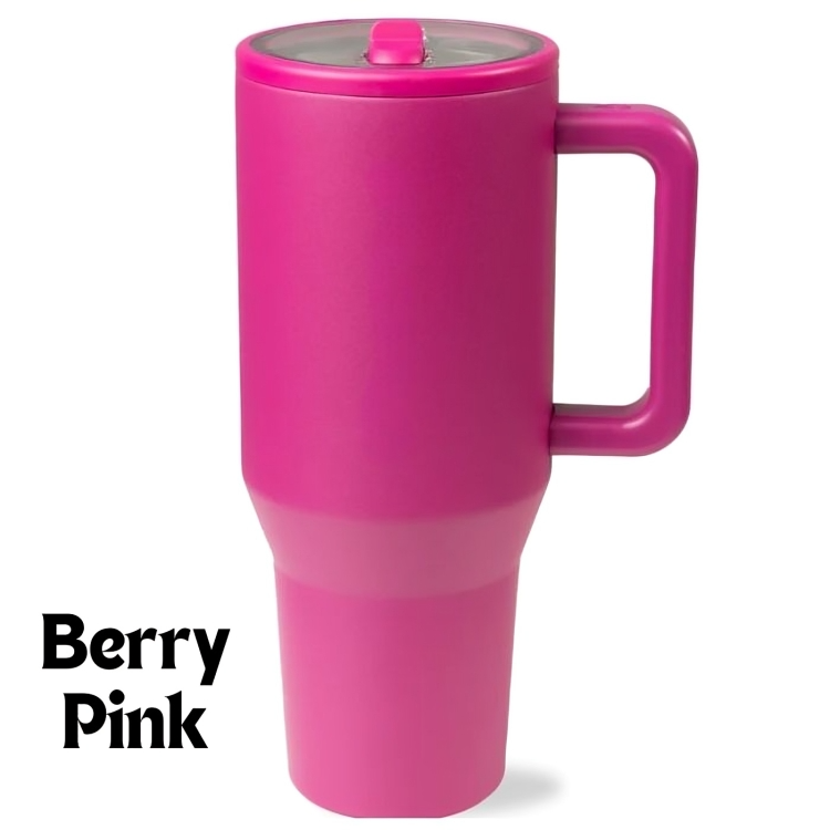 Insulated Travel Mug with Handle and Flip Straw - 40 oz Berry pink
