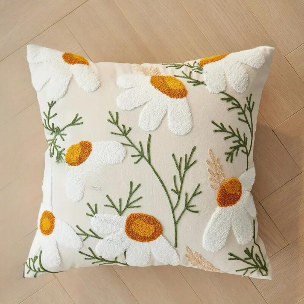 Embroidered Floral Pillow Cover – Nature-Inspired Design