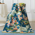Japanese Crane Floral Bath Towel - Cotton Quick-Dry Design Dark Blue & Green 35.0 × 71.0 in