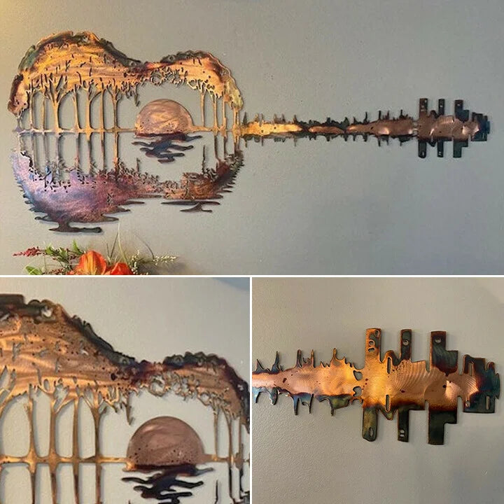Guitar Metal Wall Art with Sunset Lake Scene