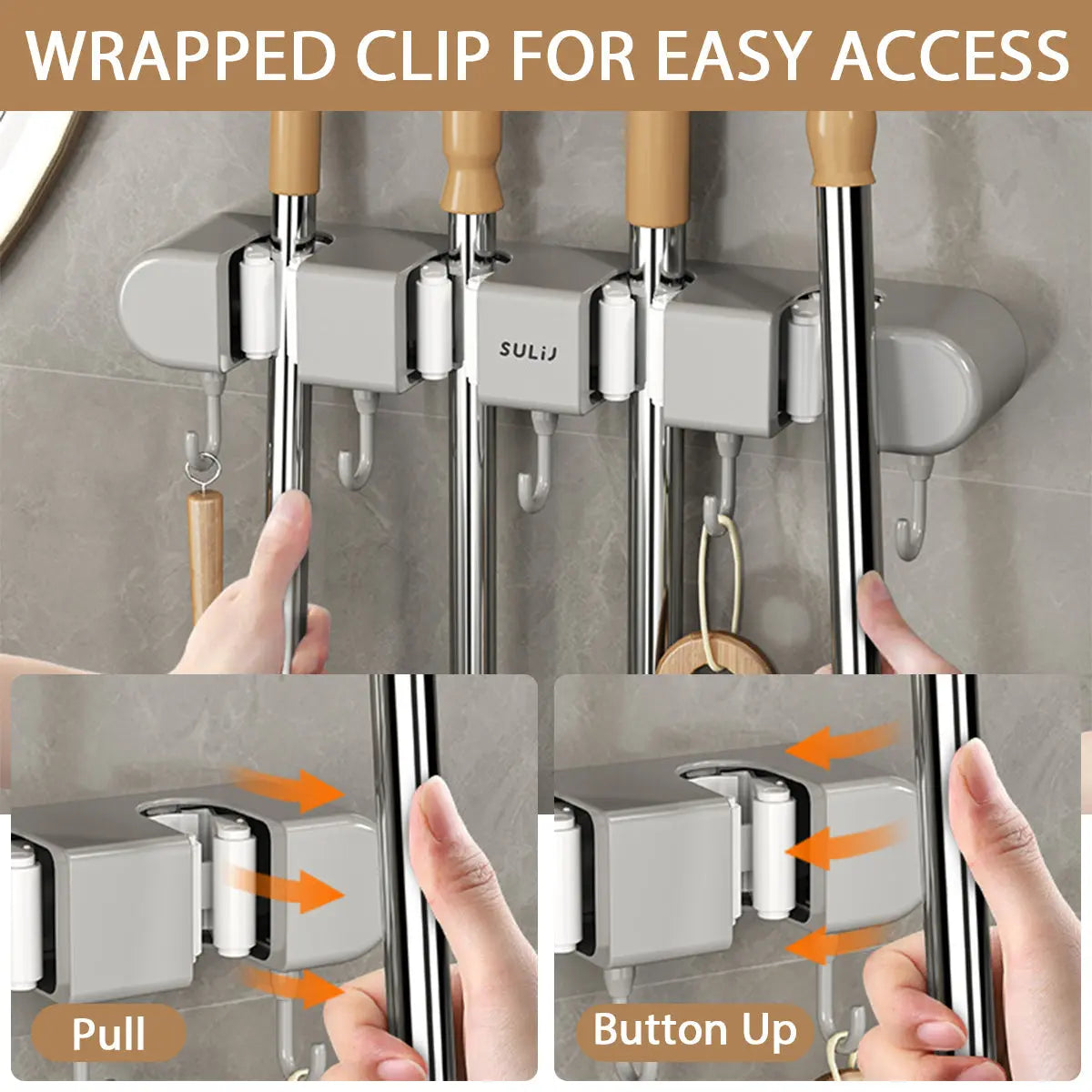 Wall Mount Broom Holder with 4 Clamps and 5 Hooks