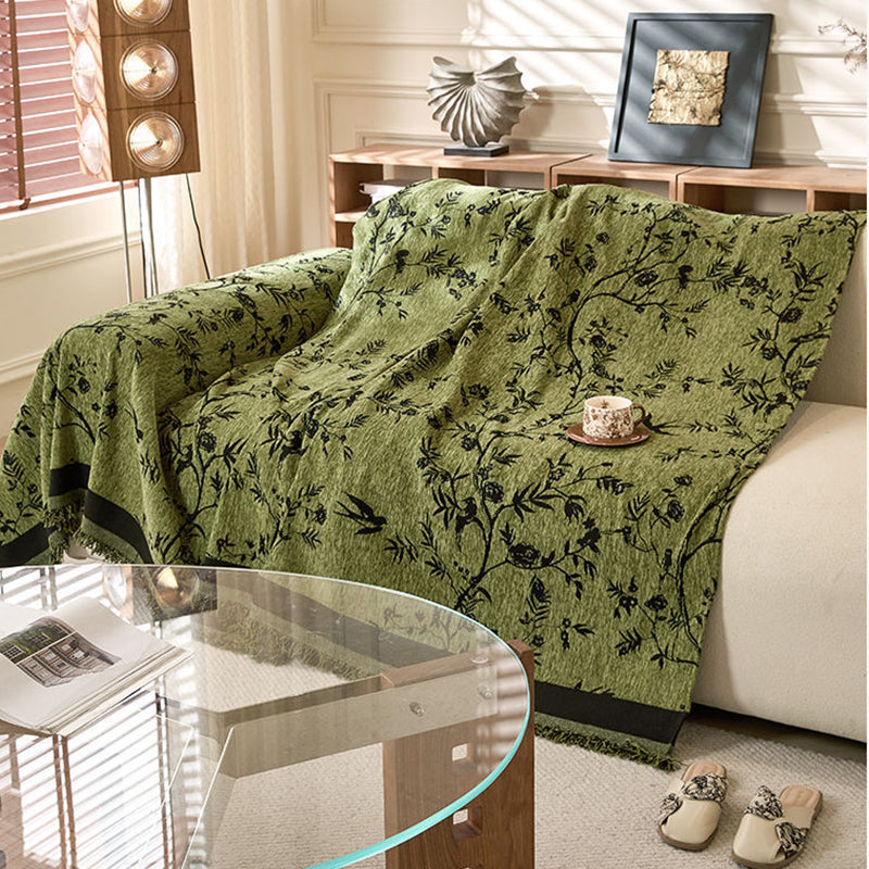 Chenille Sofa Throw with Botanical Print
