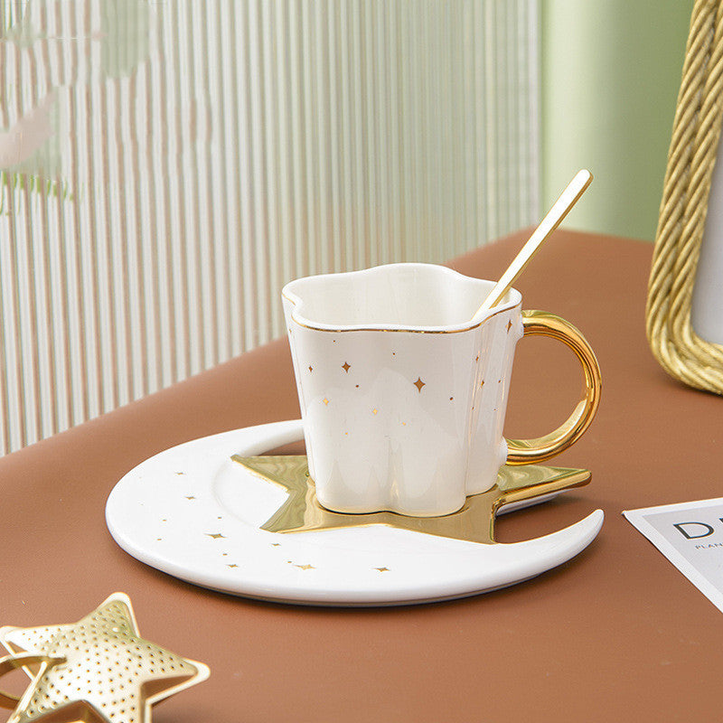 Ceramic Coffee Cup & Saucer with Star Moon Design White