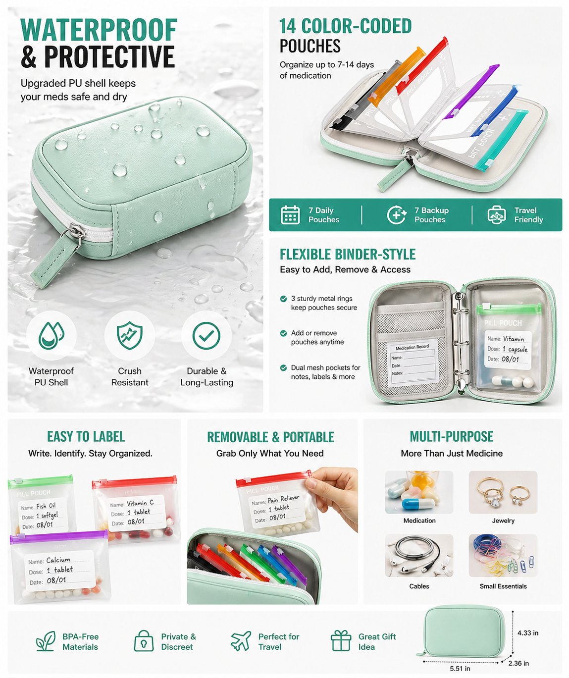 Waterproof Pill Organizer with 14 Removable Pouches