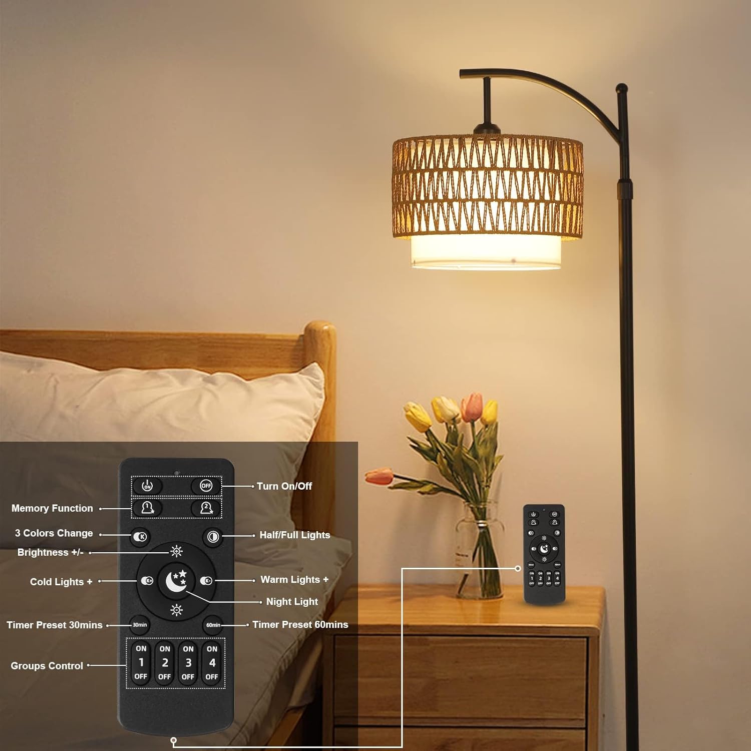 Arc Floor Lamp with Remote & Interchangeable Shades