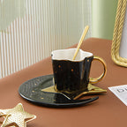Ceramic Coffee Cup & Saucer with Star Moon Design Black