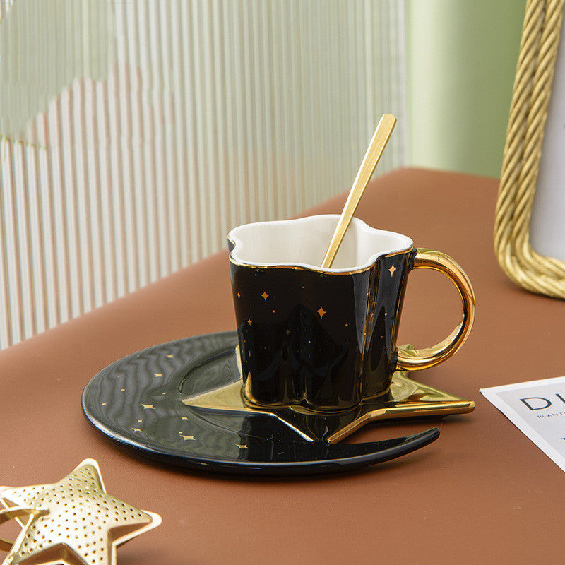 Ceramic Coffee Cup & Saucer with Star Moon Design Black