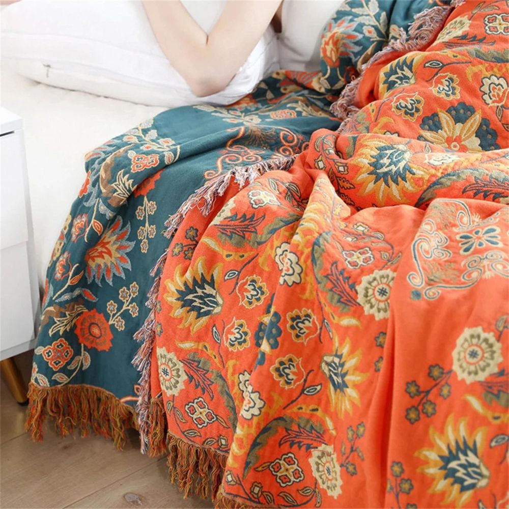 Reversible Cotton Throw Blanket with Botanical Print