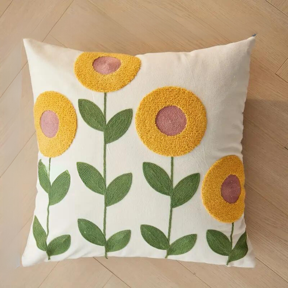Embroidered Floral Pillow Cover – Nature-Inspired Design