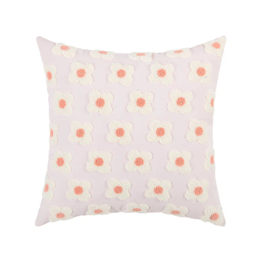 Floral Decorative Pillow Cover with Textured Embroidery Pink