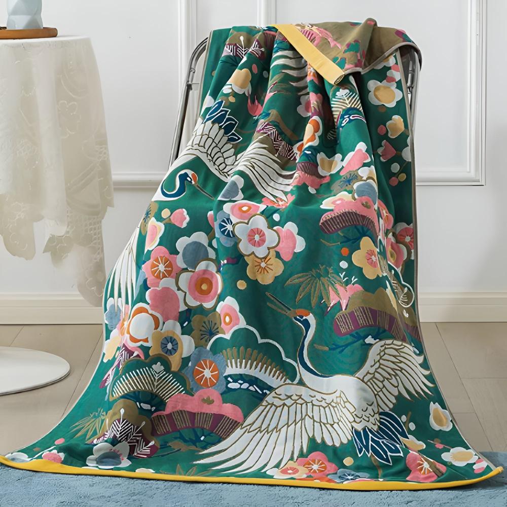 Japanese Crane Floral Bath Towel - Cotton Quick-Dry Design
