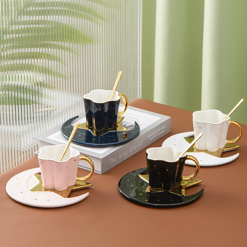 Ceramic Coffee Cup & Saucer with Star Moon Design