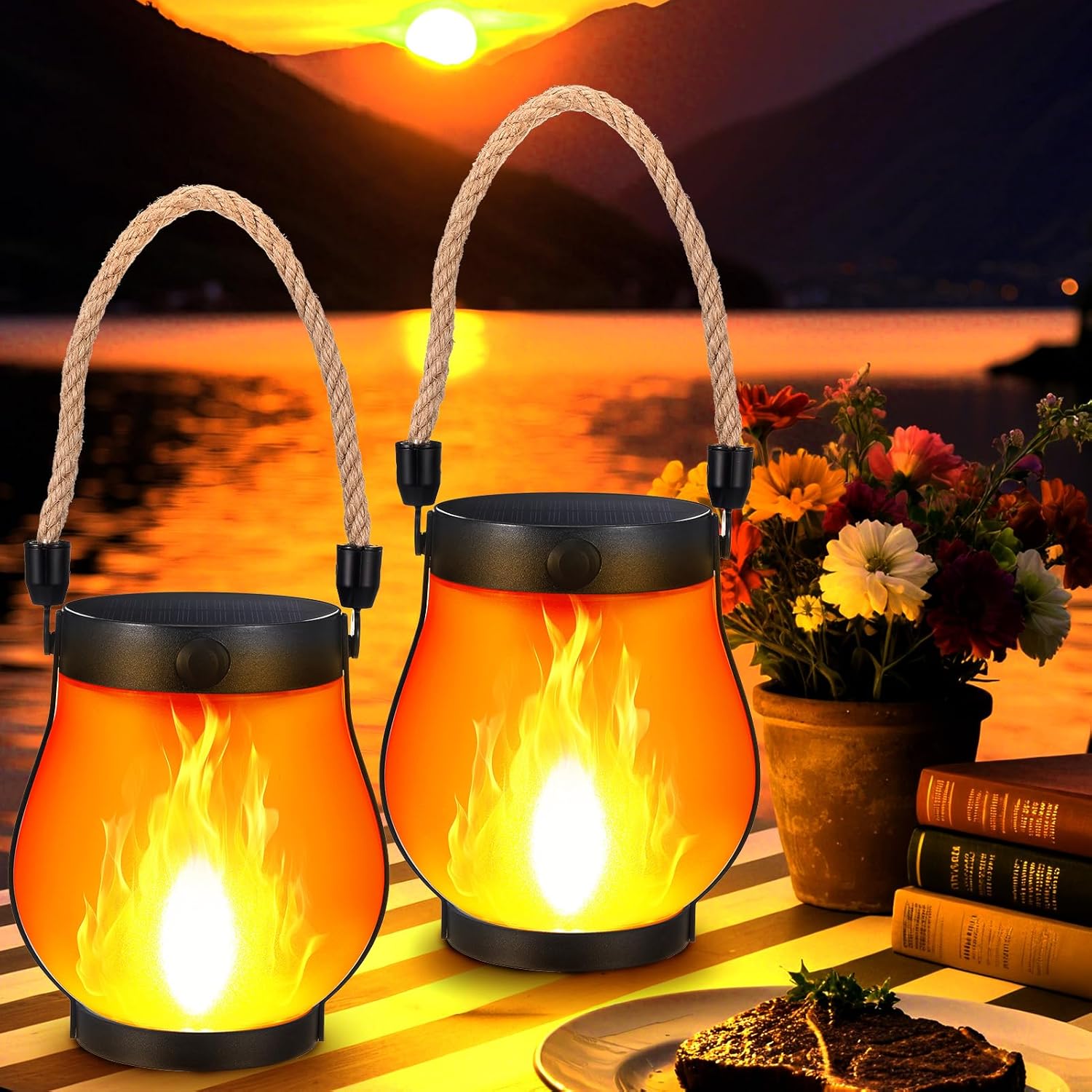 Flame Effect Lantern – Solar & USB Powered, No Fire or Smoke