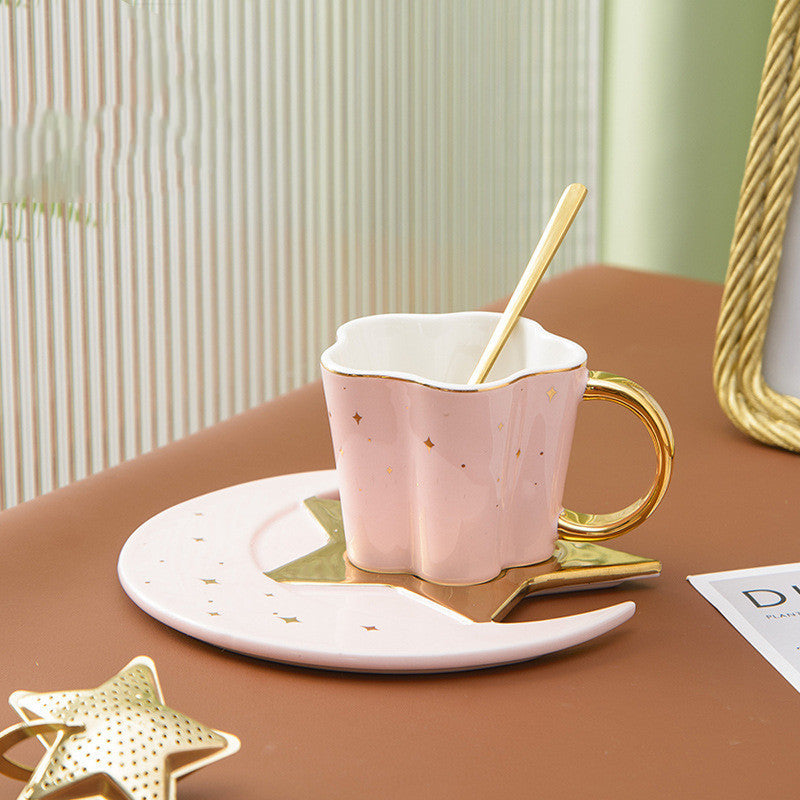 Ceramic Coffee Cup & Saucer with Star Moon Design Pink