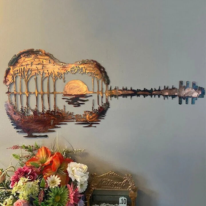Guitar Metal Wall Art with Sunset Lake Scene Retro