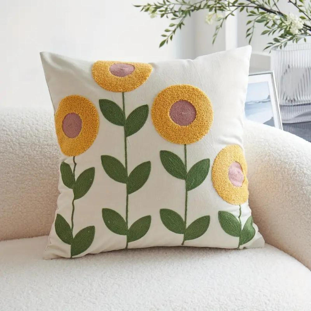 Embroidered Floral Pillow Cover – Nature-Inspired Design Yellow