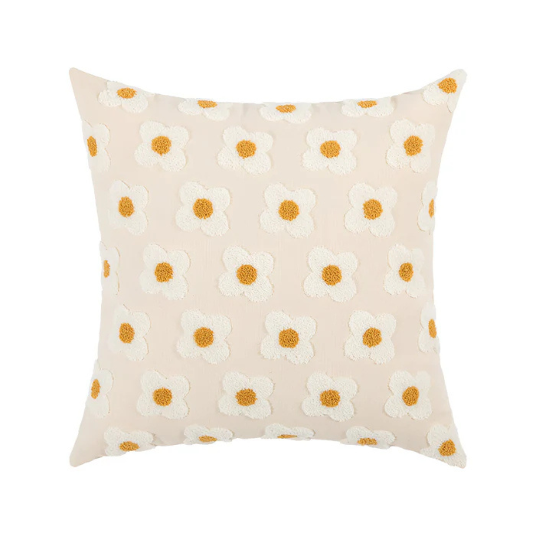 Floral Decorative Pillow Cover with Textured Embroidery Ivory